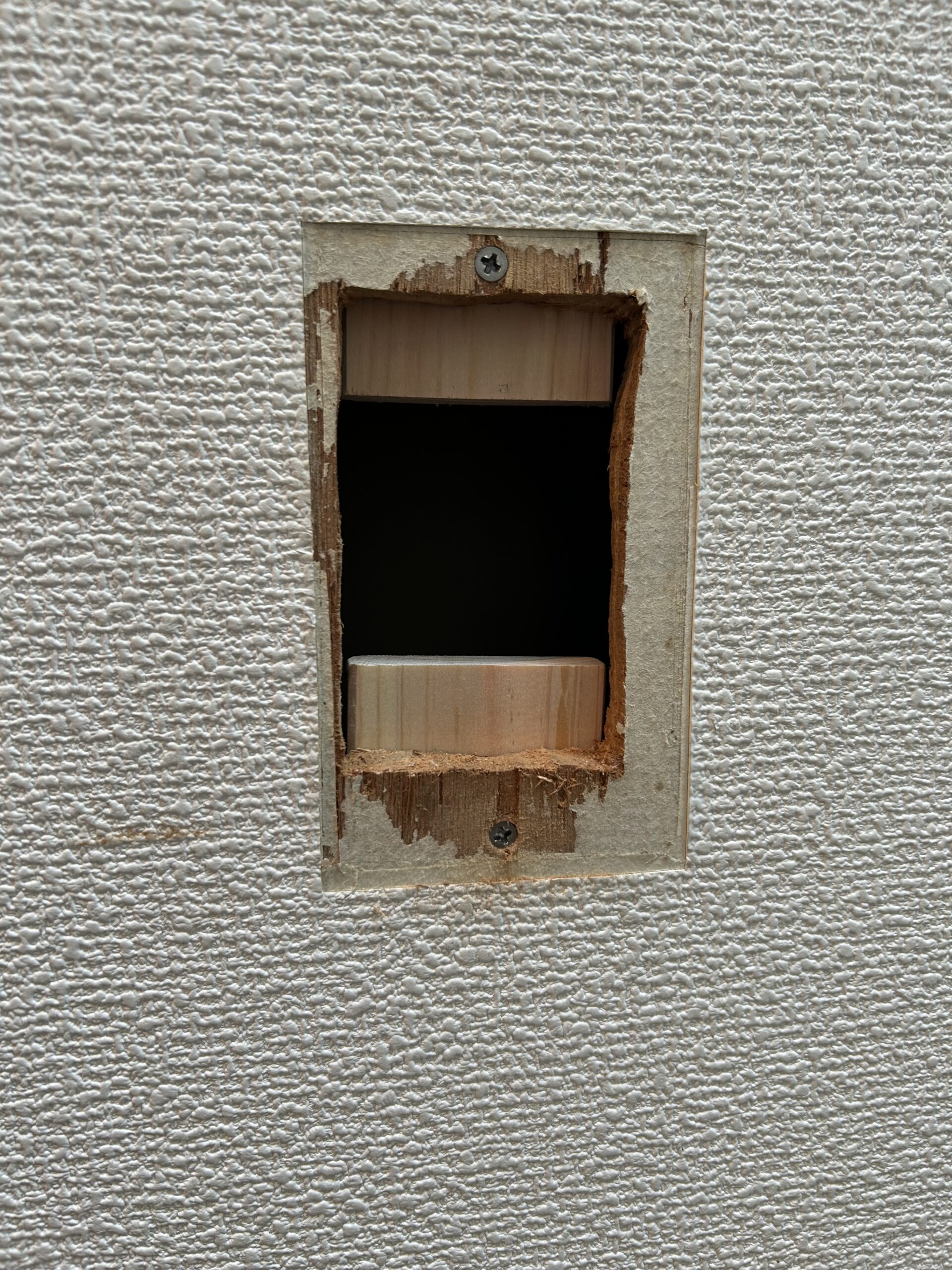 木片で穴を塞いでビス止め